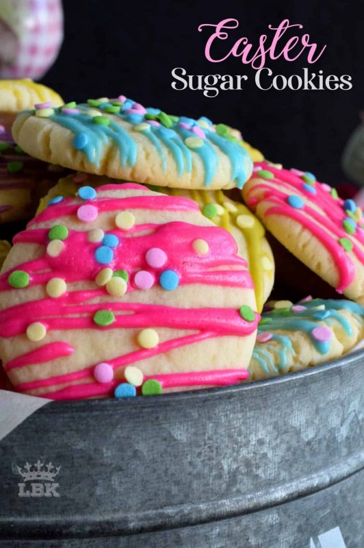 Whimsical and playful, Easter Sugar Cookies are a springtime delight! Easy and fun to make, and great for giving as a gift to that favourite teacher or daycare provider!#Easter #cookies #sprinkles #pastel #colours #candy #melts @wilton