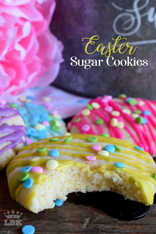 Whimsical and playful, Easter Sugar Cookies are a springtime delight! Easy and fun to make, and great for giving as a gift to that favourite teacher or daycare provider!#Easter #cookies #sprinkles #pastel #colours #candy #melts @wilton