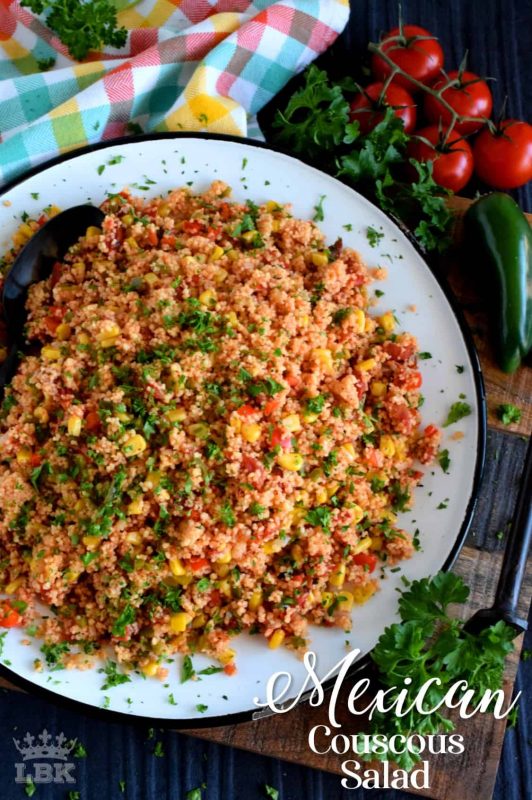 A warm and hearty Mexican Couscous Salad which is great served as a side or even better as a main dish! Make it as spicy or as mild as you want; great served cold too!#Mexican #couscous #salad #pantry #ingredients