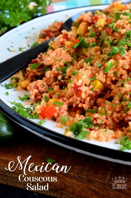 A warm and hearty Mexican Couscous Salad which is great served as a side or even better as a main dish! Make it as spicy or as mild as you want; great served cold too!#Mexican #couscous #salad #pantry #ingredients