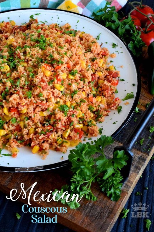 A warm and hearty Mexican Couscous Salad which is great served as a side or even better as a main dish! Make it as spicy or as mild as you want; great served cold too!#Mexican #couscous #salad #pantry #ingredients