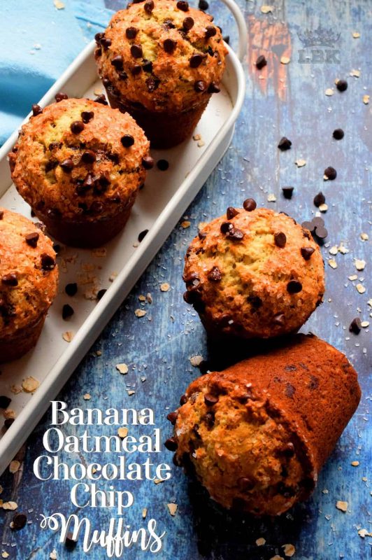 When you enjoy the delicious taste of Banana Oatmeal Chocolate Chip Muffins, you don't need to feel guilty about the chocolate, because you're eating fruit and oats too!#chocolate #chip #oatmeal #muffins