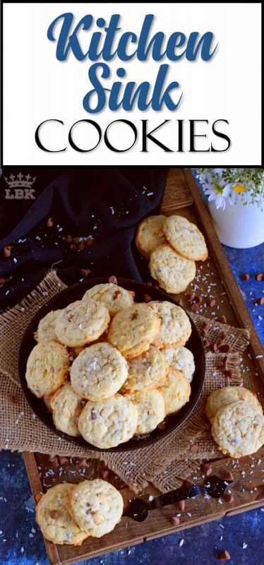 Just like the old expression suggests, Kitchen Sink Cookies have a little bit of everything in them. A great way to use up leftover baking supplies!#kitchen #sink #cookies #freezer #chocolate #nuts #cereal