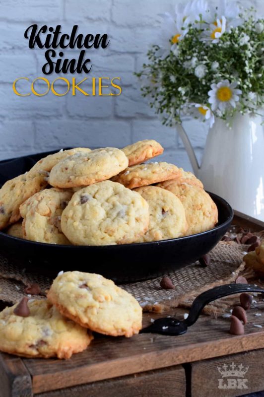 Just like the old expression suggests, Kitchen Sink Cookies have a little bit of everything in them. A great way to use up leftover baking supplies!#kitchen #sink #cookies #freezer #chocolate #nuts #cereal