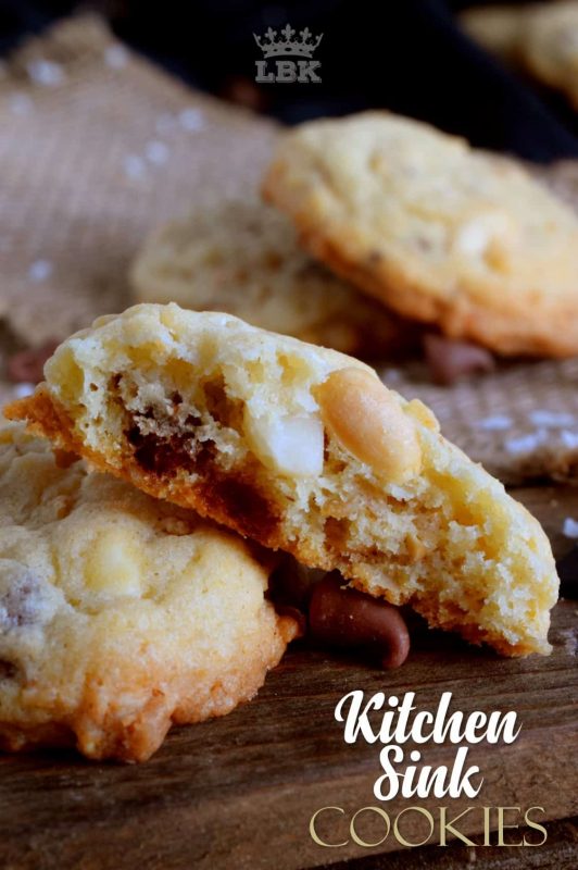 Just like the old expression suggests, Kitchen Sink Cookies have a little bit of everything in them. A great way to use up leftover baking supplies!#kitchen #sink #cookies #freezer #chocolate #nuts #cereal