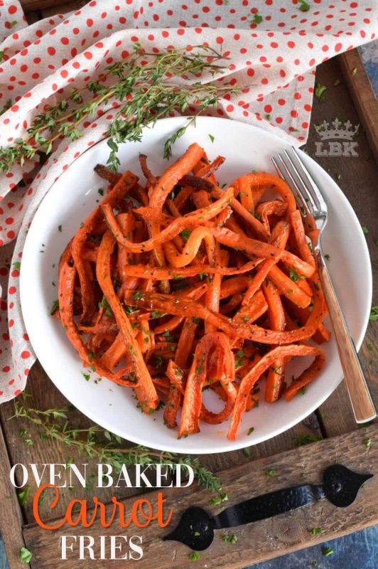 The simplicity of Oven Baked Carrot Fries is what makes them so delicious. Seasoned with salt, pepper, and baked with fresh thyme, everyone will love these! #carrot #fries #baked #fresh #thyme #roasted #oven