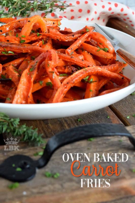The simplicity of Oven Baked Carrot Fries is what makes them so delicious. Seasoned with salt, pepper, and baked with fresh thyme, everyone will love these! #carrot #fries #baked #fresh #thyme #roasted #oven