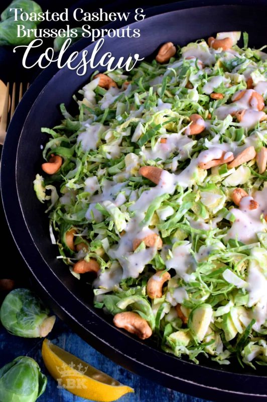 This non-traditional coleslaw consists of uncooked shaved Brussels sprouts which have been tossed with toasted cashews in a homemade tangy and zesty sauce. #brussels #sprouts #coleslaw #salad #raw #toasted #cashews