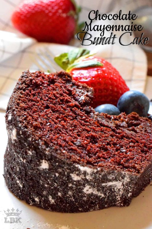 This has to be the easiest and most frugal cake recipe! Chocolate Mayonnaise Bundt Cake is very moist with a fudge-y center. Yet, the cake is still light and fluffy too! #chocolatecake #mayonnaise #mayo #chocolate #cake #bundt #bundtbakers