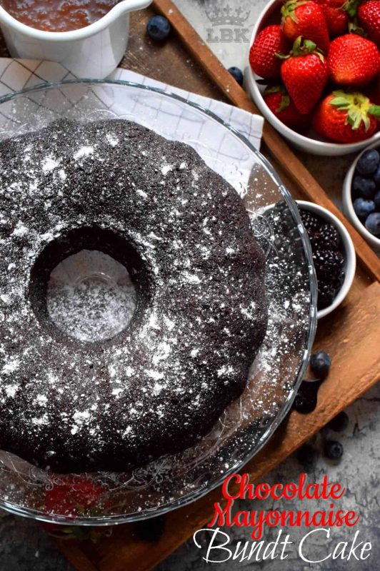 This has to be the easiest and most frugal cake recipe! Chocolate Mayonnaise Bundt Cake is very moist with a fudge-y center. Yet, the cake is still light and fluffy too! #chocolatecake #mayonnaise #mayo #chocolate #cake #bundt #bundtbakers