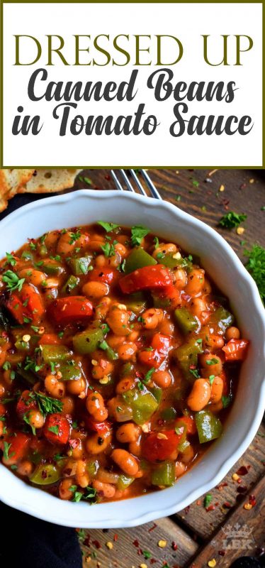 With the help of some fresh veggies and a few spices and herbs, this recipe uses plain canned beans in tomato sauce and transforms it so that it is dressed up and brand new!#canned #beans #tomato #sauce #doctored #dressedup