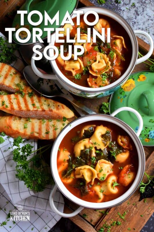 This soup is a complete meal! Not only is it hearty and filling, it's also very delicious! Tomato Tortellini Soup is a wholesome and nutritious meal that is quite easy to prepare and only takes about forty minutes from start to finish! It's loaded with aromatics and fresh spinach too! #soup #pasta #tomato #tortellini