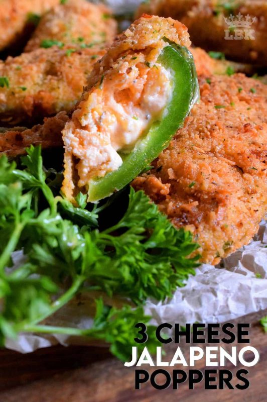 3 Cheese Jalapeno Poppers are stuffed with 3 types of cheese and bold herbs and spices. Next, it's coated in a light breadcrumb mixture, and then deep fried to perfection! #jalapeno #poppers #3cheese #deepfried #crispy #appetizer