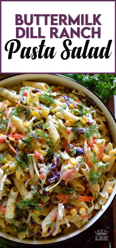 Buttermilk Dill Ranch Pasta Salad has a creamy homemade dressing, perfectly cooked pasta, loads of freshly chopped veggies, and enough flavour to knock your socks off!#dill #ranch #pasta #salad #summer #picnic #buttermilk