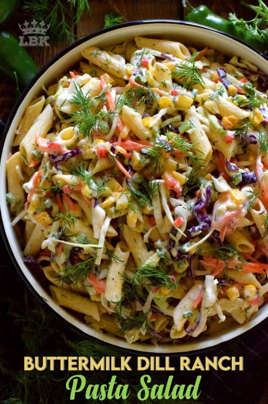 Buttermilk Dill Ranch Pasta Salad has a creamy homemade dressing, perfectly cooked pasta, loads of freshly chopped veggies, and enough flavour to knock your socks off!#dill #ranch #pasta #salad #summer #picnic #buttermilk