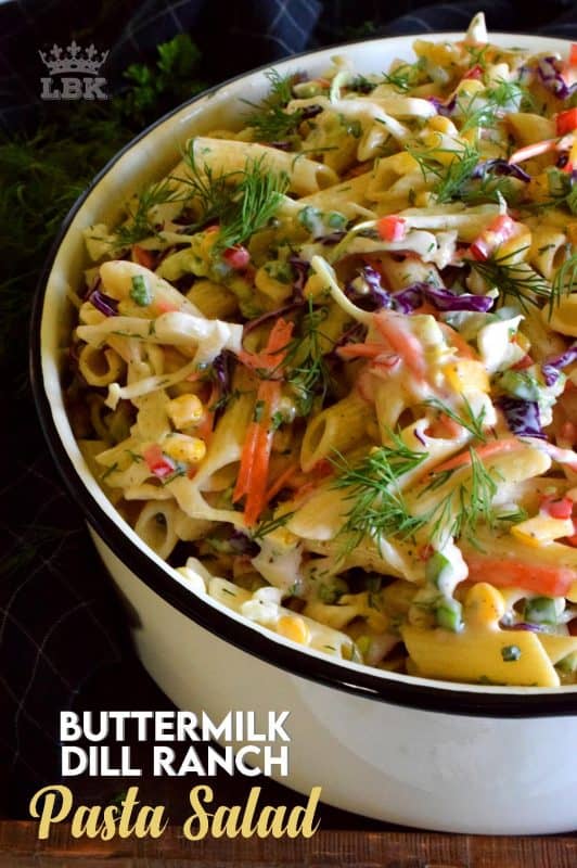 Buttermilk Dill Ranch Pasta Salad has a creamy homemade dressing, perfectly cooked pasta, loads of freshly chopped veggies, and enough flavour to knock your socks off!#dill #ranch #pasta #salad #summer #picnic #buttermilk