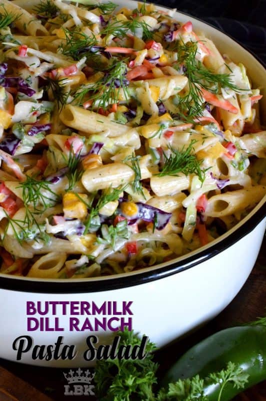 Buttermilk Dill Ranch Pasta Salad has a creamy homemade dressing, perfectly cooked pasta, loads of freshly chopped veggies, and enough flavour to knock your socks off!#dill #ranch #pasta #salad #summer #picnic #buttermilk