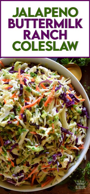 Prepared with fresh vegetables that have been tossed in a homemade dressing and seasoned just right, Jalapeno Buttermilk Ranch Coleslaw is a great side anytime!#buttermilk #ranch #coleslaw #salad #jalapeno