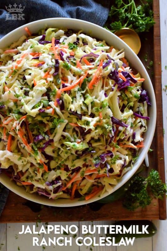 Prepared with fresh vegetables that have been tossed in a homemade dressing and seasoned just right, Jalapeno Buttermilk Ranch Coleslaw is a great side anytime!#buttermilk #ranch #coleslaw #salad #jalapeno