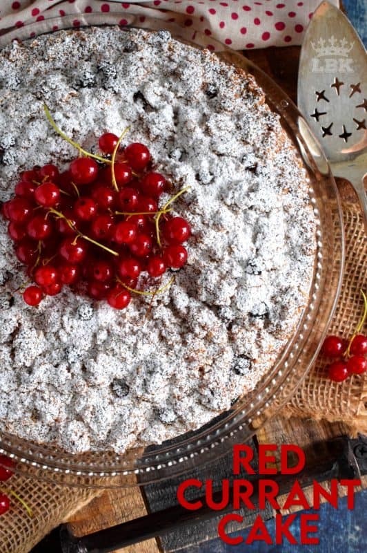 A very simple and rustic cake with a moist center and a crumbly topping. Red Currant Cake is an easy and gorgeous summer dessert! Easily prepared with fresh currants during harvesting season, or with frozen currants throughout the winter months! #red #currant #cake #crumb #topping #currants #redcurrants #coffeecake