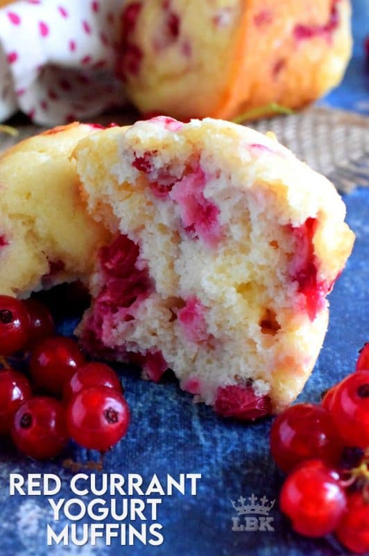 Light and fluffy Red Currant Yogurt Muffins are sweet and tart, and soft and moist. These are a great breakfast or brunch menu item. In early summer, use fresh currants, but frozen currants can easily be used as well with the same fluffy results. #red #currant #fresh #berry #muffins #yogurt
