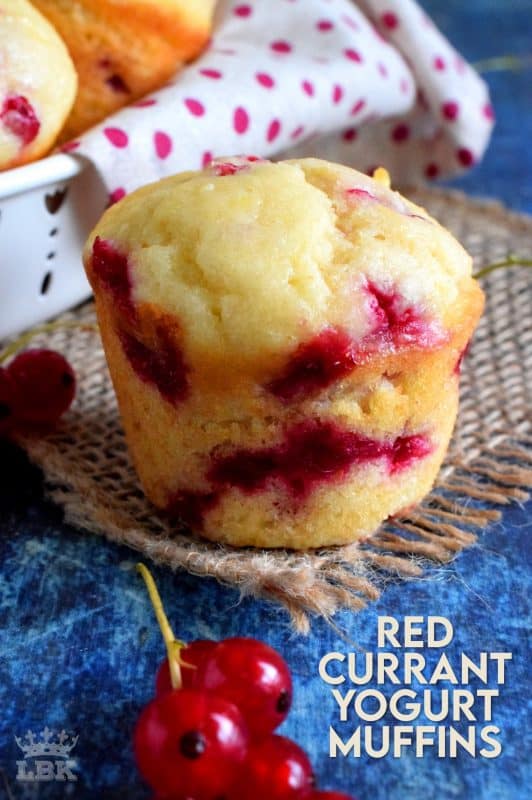 Light and fluffy Red Currant Yogurt Muffins are sweet and tart, and soft and moist. These are a great breakfast or brunch menu item. In early summer, use fresh currants, but frozen currants can easily be used as well with the same fluffy results. #red #currant #fresh #berry #muffins #yogurt