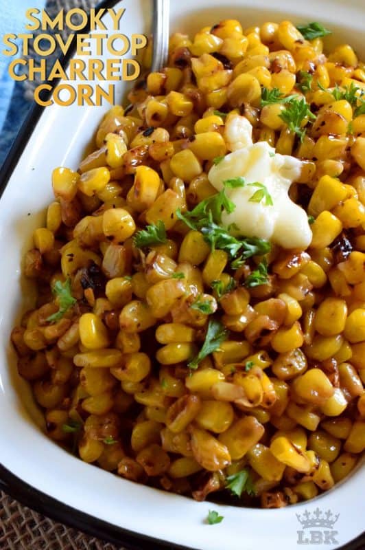 Side dishes do not need to be fancy to be impressive and delicious.  For example, Smoky Stovetop Charred Corn has only four ingredients and takes less than ten minutes!#smoky #charred #frozen #corn #stovetop #sidedish