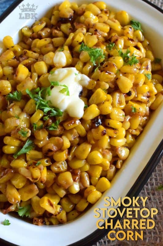 Side dishes do not need to be fancy to be impressive and delicious.  For example, Smoky Stovetop Charred Corn has only four ingredients and takes less than ten minutes!#smoky #charred #frozen #corn #stovetop #sidedish