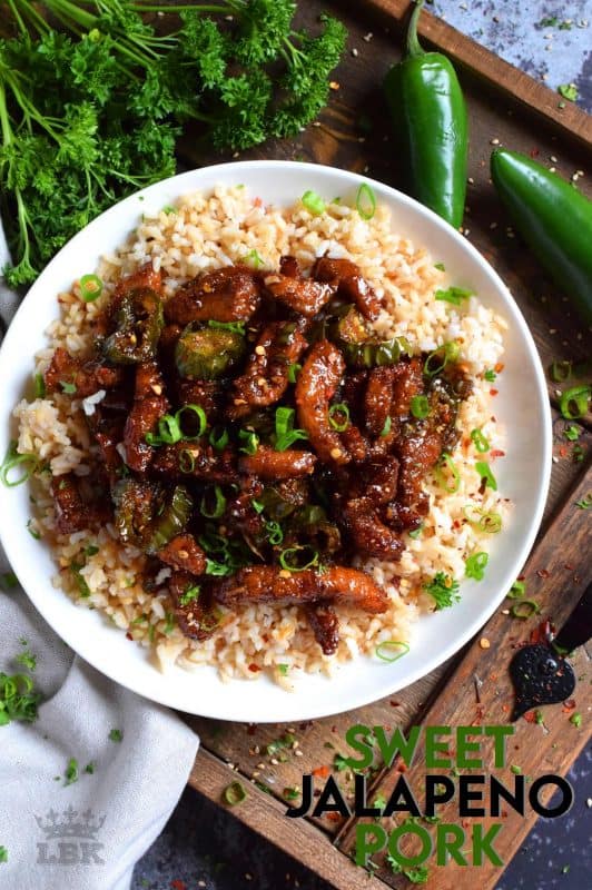 Thinly sliced pork and fresh jalapenos, fried until crispy, and coated in a garlicky spice sauce; Sweet Jalapeno Pork is an inexpensive dinner the whole family will love!#pork #jalapeno #sweet #spicy #whatsfordinner