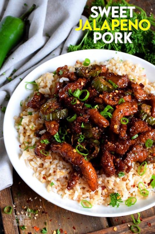 Thinly sliced pork and fresh jalapenos, fried until crispy, and coated in a garlicky spice sauce; Sweet Jalapeno Pork is an inexpensive dinner the whole family will love!#pork #jalapeno #sweet #spicy #whatsfordinner