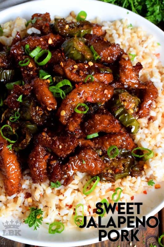 Thinly sliced pork and fresh jalapenos, fried until crispy, and coated in a garlicky spice sauce; Sweet Jalapeno Pork is an inexpensive dinner the whole family will love!#pork #jalapeno #sweet #spicy #whatsfordinner