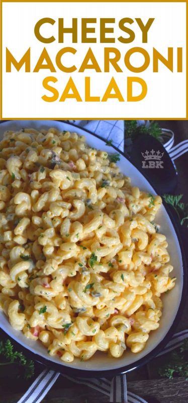 With a few additional ingredients, transform Kraft Dinner or a box of regular Mac & Cheese into a delicious Cheesy Macaroni Salad.  This salad is sure to be a very popular side dish at your dinner table!#kraft #dinner #mac&cheese #macaroni #salad #cheesy