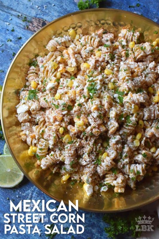 Creamy, refreshing, and cool, Mexican Street Corn Pasta Salad is a great addition to any summertime meal.  With lots of zest and spice, you're sure to hear a lot of yums!#Mexican #streetcorn #corn #pasta #salad #summer #picnic #potluck