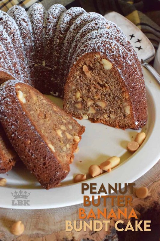 Some ingredients are meant to be eaten together and peanut butter with bananas are no exception. Peanut Butter Banana Bundt Cake is very moist and loaded with peanuts and peanut butter chips too! #peanutbutter #peanut #butter #cake #peanuts #bundt #chips #baking