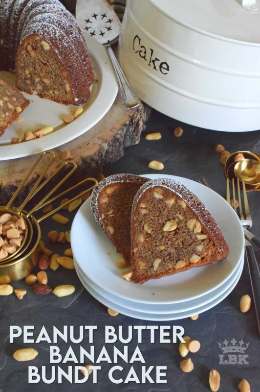 Some ingredients are meant to be eaten together and peanut butter with bananas are no exception. Peanut Butter Banana Bundt Cake is very moist and loaded with peanuts and peanut butter chips too! #peanutbutter #peanut #butter #cake #peanuts #bundt #chips #baking