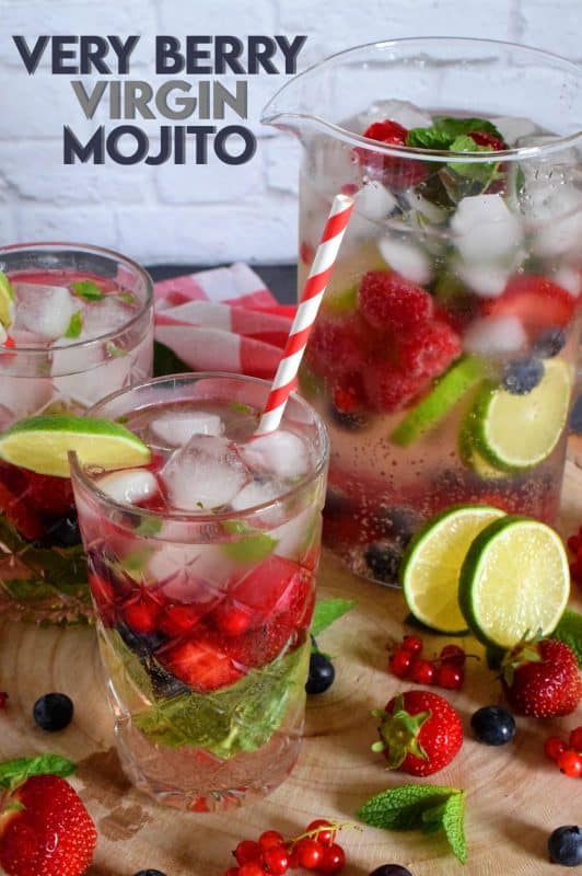 Cold, refreshing, and packed with fresh berries and mint, this Very Berry Virgin Mojito is sure to keep you hydrated and cool all summer long!#mojito #summer #drink #virgin #berry #sprite #diet