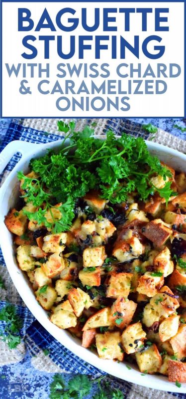 Say good bye to mushy stuffing! Baguette Stuffing with Swiss Chard and Caramelized Onions is chunky, hearty, and vegetarian too! This stuffing is great for any occasion or feast! #stuffing #vegetarian #baked #thanksgiving #meatless