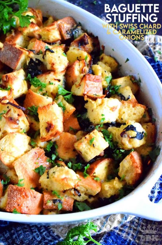 Say good bye to mushy stuffing! Baguette Stuffing with Swiss Chard and Caramelized Onions is chunky, hearty, and vegetarian too! This stuffing is great for any occasion or feast! #stuffing #vegetarian #baked #thanksgiving #meatless
