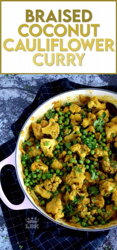 Braising is a food trend that I hope never goes away. But, let's not focus only on tough cuts of meat for braising when we can use great tasting veggies too. Braised Coconut Cauliflower Curry is a wonderful main or side that is warm and inviting and vegetarian too! #cauliflower #braised #curry #indian #food #vegetarian