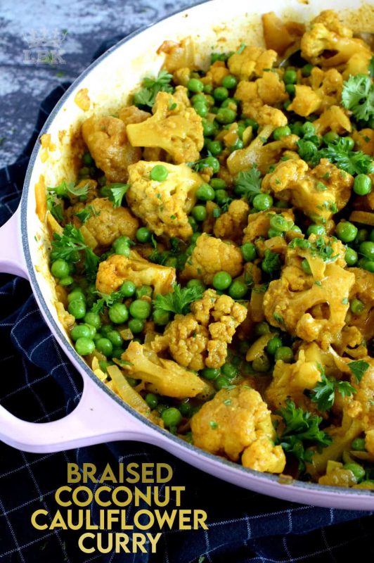 Braising is a food trend that I hope never goes away. But, let's not focus only on tough cuts of meat for braising when we can use great tasting veggies too. Braised Coconut Cauliflower Curry is a wonderful main or side that is warm and inviting and vegetarian too! #cauliflower #braised #curry #indian #food #vegetarian