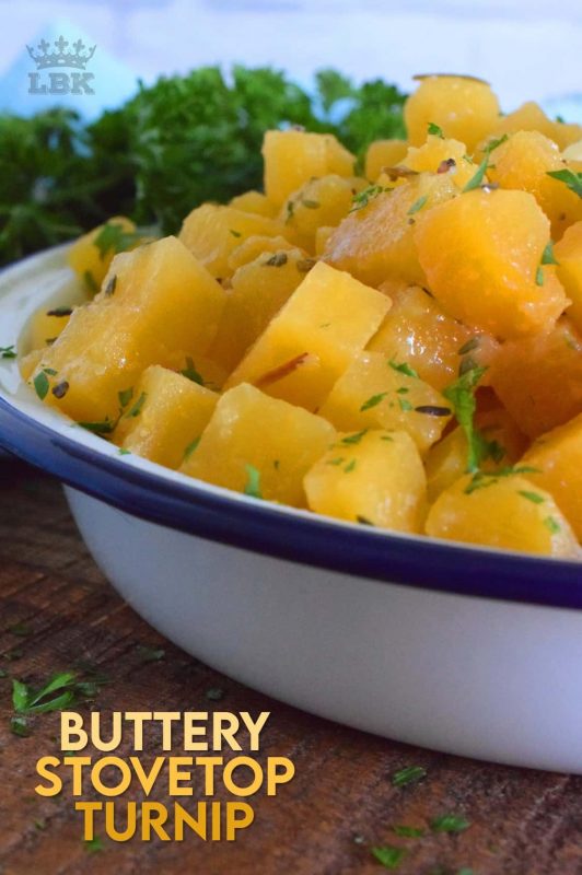 Buttery Stovetop Turnip is a simple vegetable side dish prepared with dried herbs from your spice rack. This side is rich in flavour, yet very inexpensive and budget-friendly. #turnip #stovetop #butter #rutabaga #vegetable #side