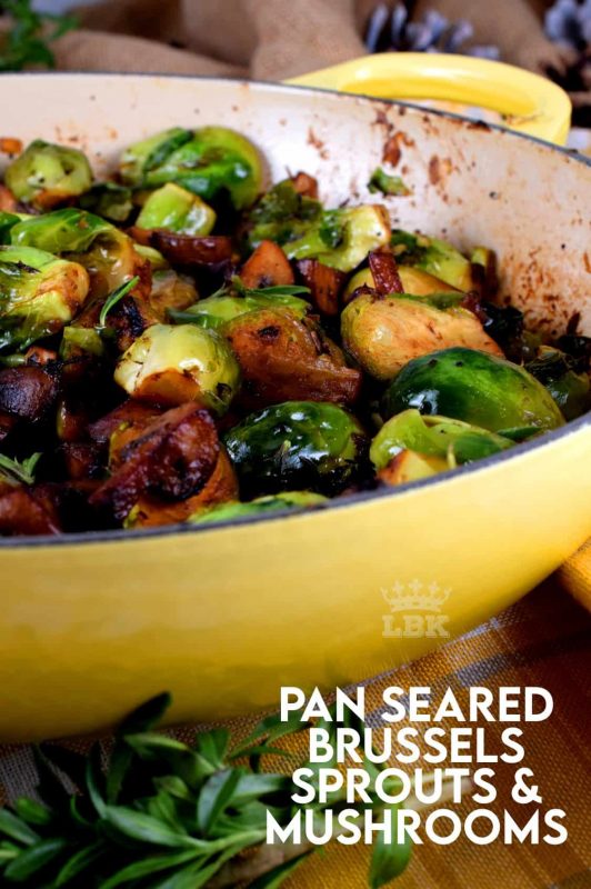 A hearty and delicious side dish that comes together in one pan; Pan Seared Brussels Sprouts and Mushrooms is a meaty, vegetarian alternative.  Serve with fried eggs for a complete meal! #brusselssprouts #mushrooms #castiron #cooking #brussel