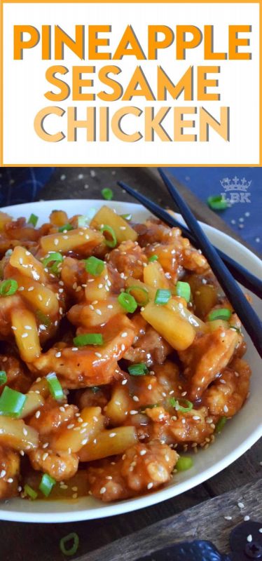 Pineapple Sesame Chicken is a little sweet and a little sour.  It's prepared with boneless, skinless chicken thighs, pineapples and pineapple juice.  Finished with toasted sesame seeds and green onions, this dish is completely delicious! #pineapple #chicken #chinese #asian #cooking #homemade #takeout