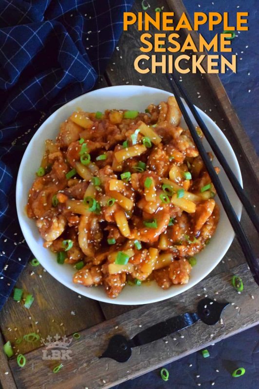 Pineapple Sesame Chicken is a little sweet and a little sour. It's prepared with boneless, skinless chicken thighs, pineapples and pineapple juice. Finished with toasted sesame seeds and green onions, this dish is completely delicious! #pineapple #chicken #chinese #asian #cooking #homemade #takeout
