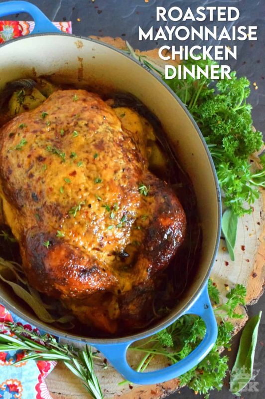A complete dinner in one pot, Roasted Mayonnaise Chicken Dinner is a whole chicken basted with a mayonnaise sauce and roasted on bed of potatoes, carrots, and onions. #roasted #chicken #dinner #vegetables #onepot #family #mayonnaise
