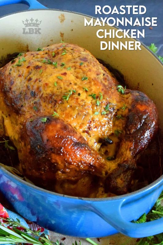 A complete dinner in one pot, Roasted Mayonnaise Chicken Dinner is a whole chicken basted with a mayonnaise sauce and roasted on bed of potatoes, carrots, and onions. #roasted #chicken #dinner #vegetables #onepot #family #mayonnaise