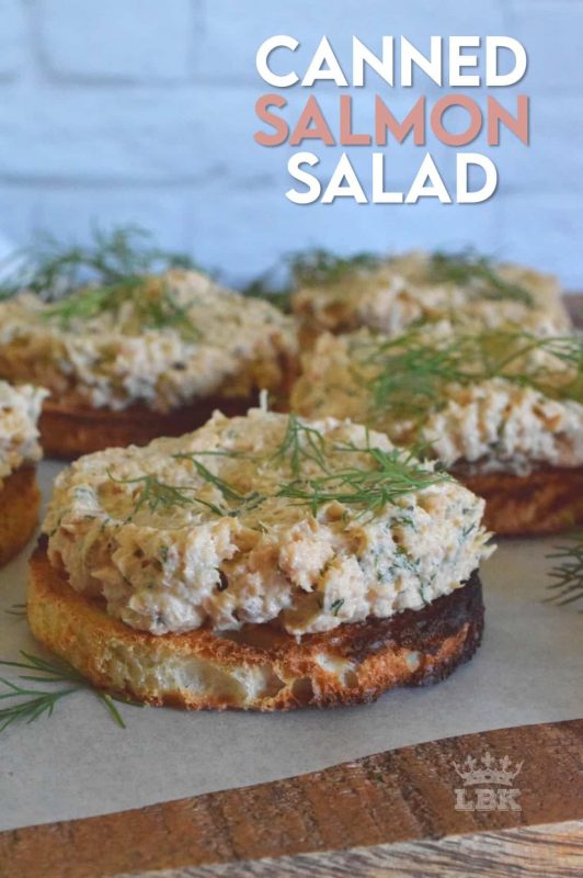 Canned Salmon Salad never tasted this good before! Prepared with lots of fresh dill and liberally smeared onto toasted bread, this is one open-faced sandwich I could eat again and again! #canned #salmon #salad #sandwich