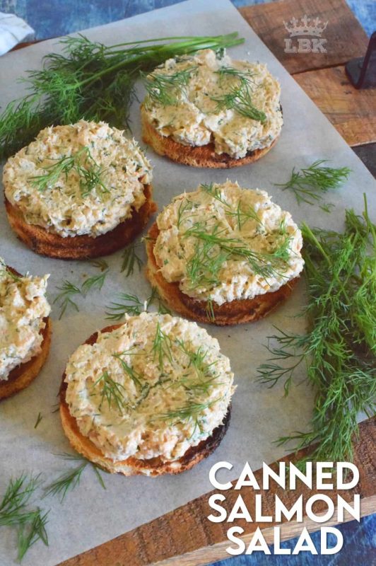 Canned Salmon Salad never tasted this good before! Prepared with lots of fresh dill and liberally smeared onto toasted bread, this is one open-faced sandwich I could eat again and again! #canned #salmon #salad #sandwich