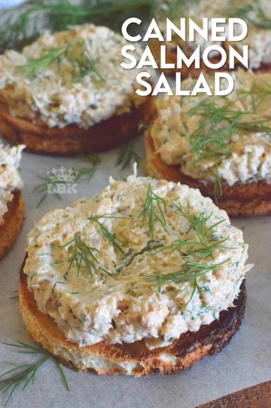 Canned Salmon Salad never tasted this good before! Prepared with lots of fresh dill and liberally smeared onto toasted bread, this is one open-faced sandwich I could eat again and again! #canned #salmon #salad #sandwich