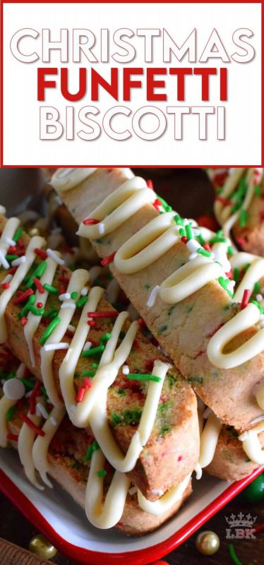 Bring out the kid in you with this festive Christmas Funfetti Biscotti recipe. Drizzled with melted white chocolate, this is a gorgeous gift-able treat everyone on your Christmas list will love! #funfetti #biscotti #christmas #holiday #baking #sprinkles
